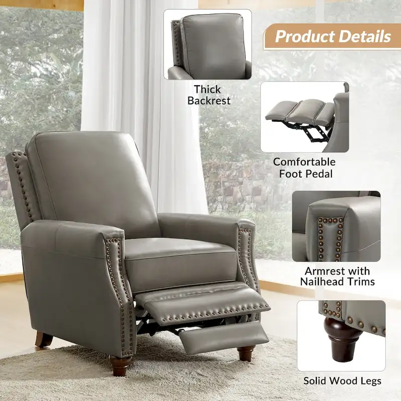 Cigar Mid-century Modern Genuine Leather Recliner with Nailhead Trim Set of 2 by HULALA HOME