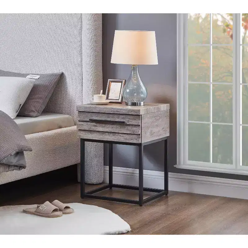 Rustic Side Table with Storage Drawer and Metal Legs, End Table with Thick Tabletop for Sofa Side, Living Room, Bedroom