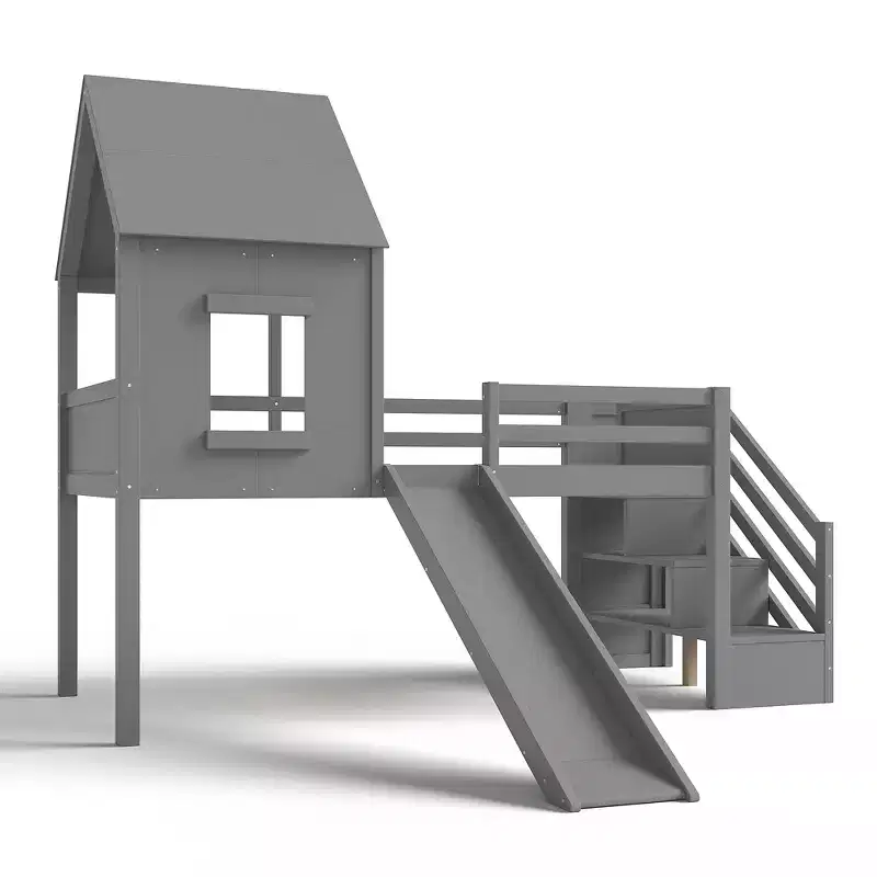 Wood Twin Loft Bed with Slide, Removable Desk & Storage Stairs