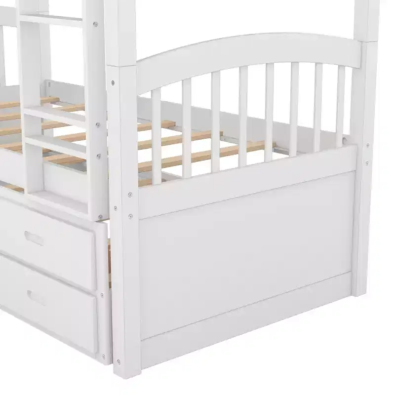 Wood Twin over Twin Bunk Bed with Ladder, Trundle & Drawers