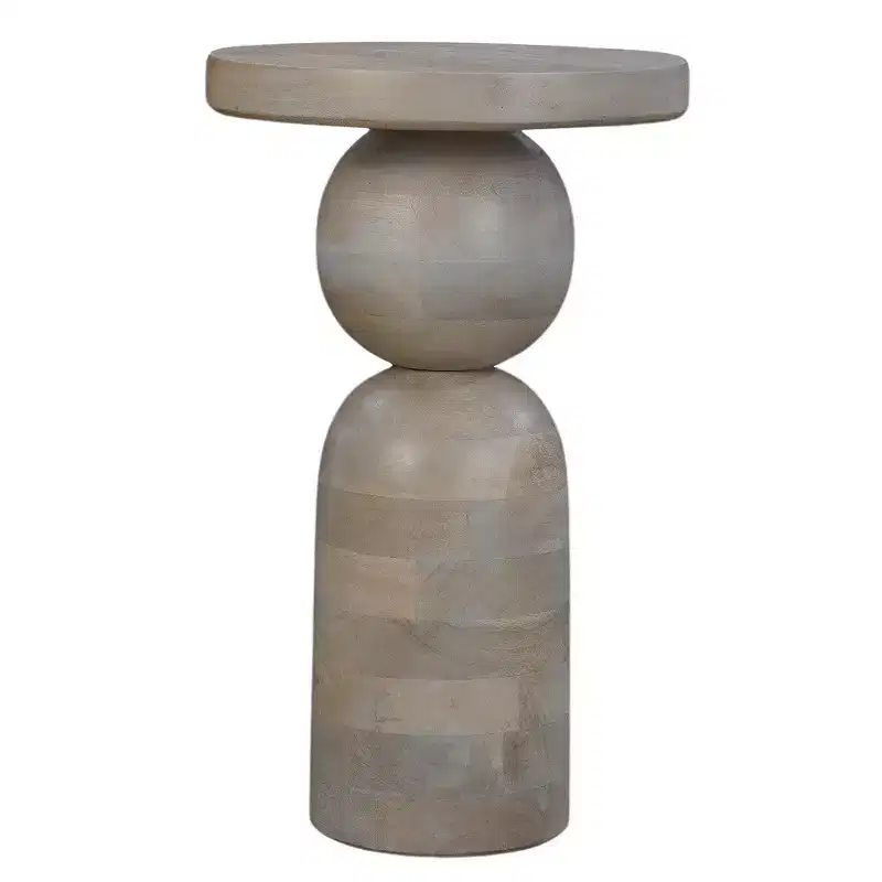 Royal Hampton 12 Inch Round Side End Table, Turned Pedestal Base, Beige Mango Wood in Natural Brown Finish