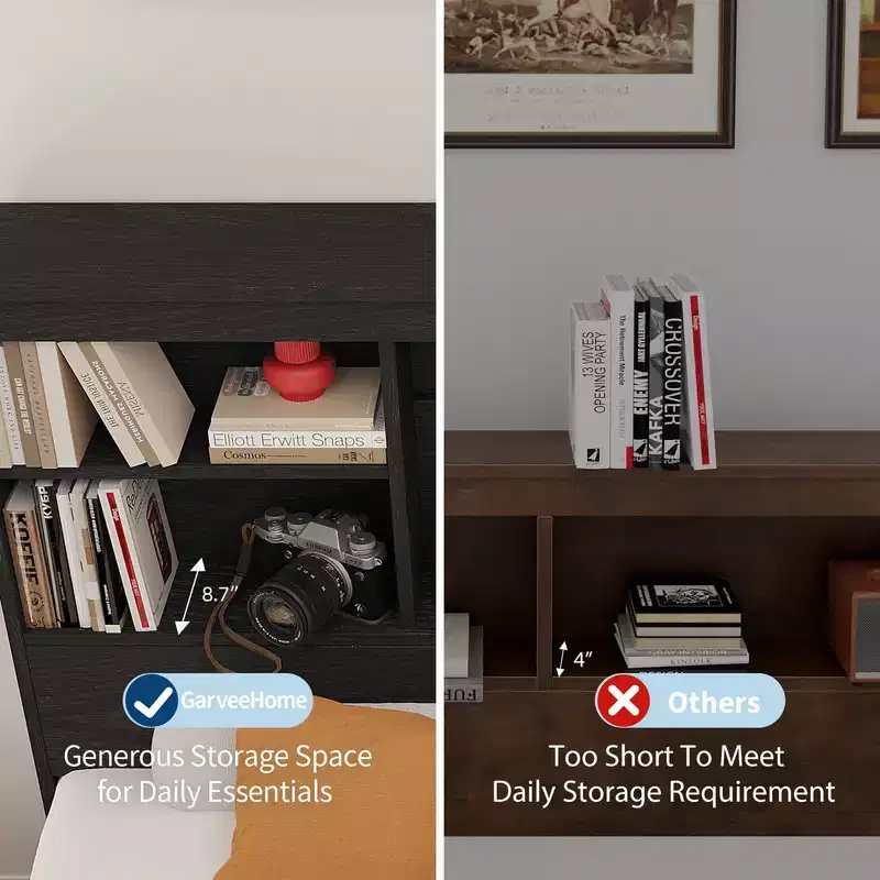 Bed Frame with Bookcase Headboard, 4 Drawers & Built-in Charging Station – No Box Spring Needed