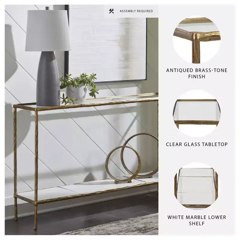 Console Sofa Table, Antique Brass Finish with Glass Top & Marble Shelf