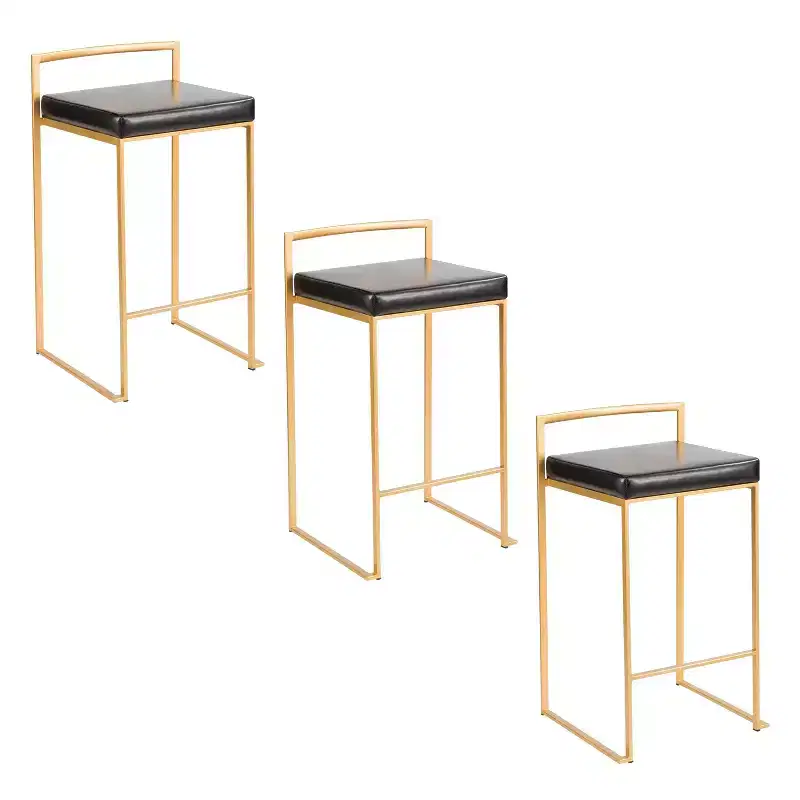 LumiSource Set of 3 Fuji Stacker Counter Height Barstools Gold/Black PU
