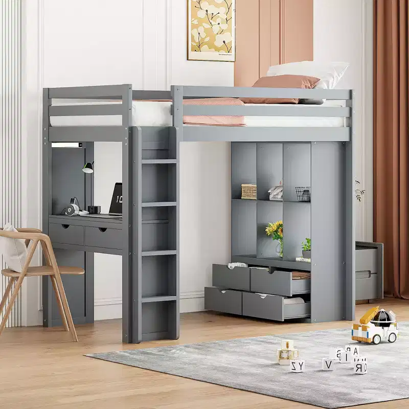 Twin/Full Size Loft Bed with Large Shelves, Writing Desk and LED Light 4A - ModernLuxe