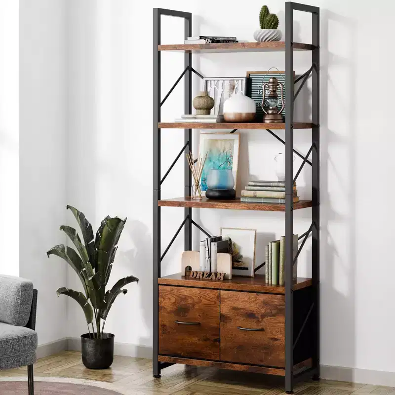 Celebalcony 5 Tier Bookshelf with 2 Drawers, Standing Shelf Units, Wood and Metal Storage Organizer, Bookcase for Home, Office Bedroom, Rustic Brown