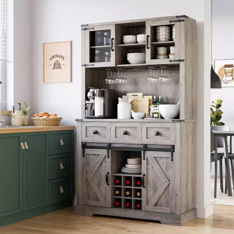 72 Tall Kitchen Pantry Cabinet, Kitchen Hutch Storage Cabinet with Sliding Barn Door, Buffet Sideboard with Microwave Stand and 3 Drawers