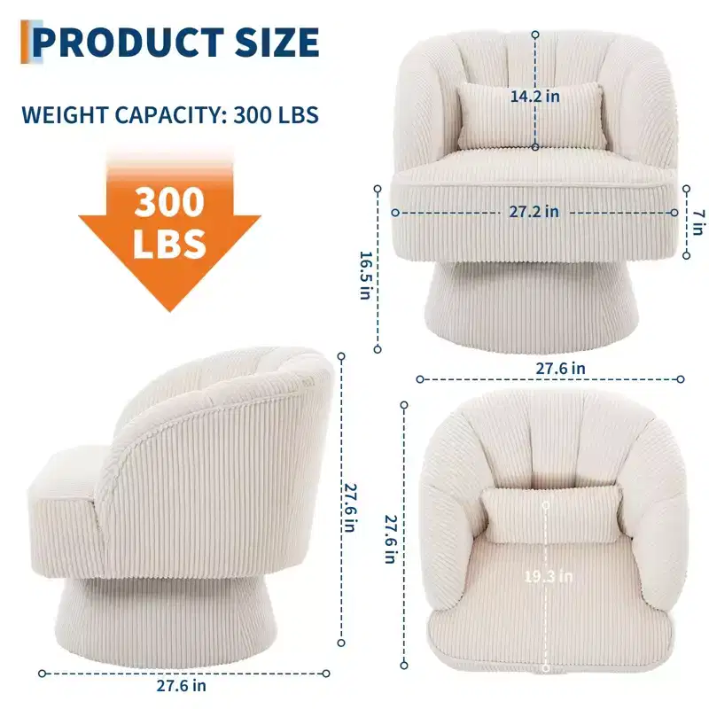 Modern 360 Swivel Barrel Accent Chair,Rotating Round Lounge Armchair with Striped Backrest & Soft Padding, Cozy Club Chair for Living Room, Bedroom