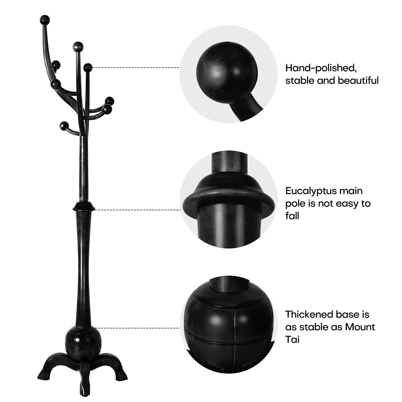 Tree-branch Rubberwood Freestanding Coat Rack with 8 Hooks - 24.5W x 70.87H
