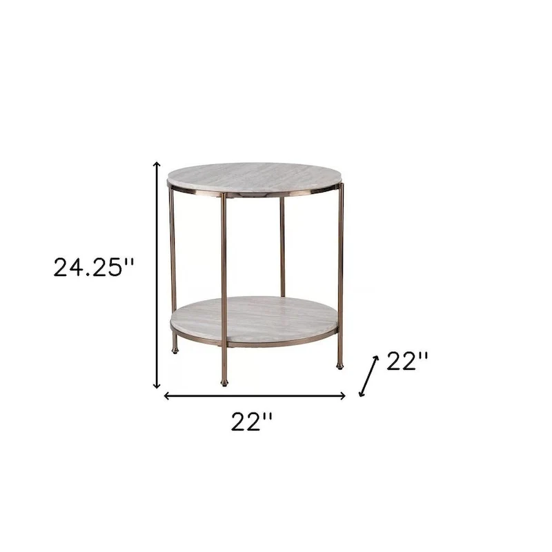 HomeRoots 24 Champagne Faux Marble And Iron Round End Table With Shelf - 22x22x24.25