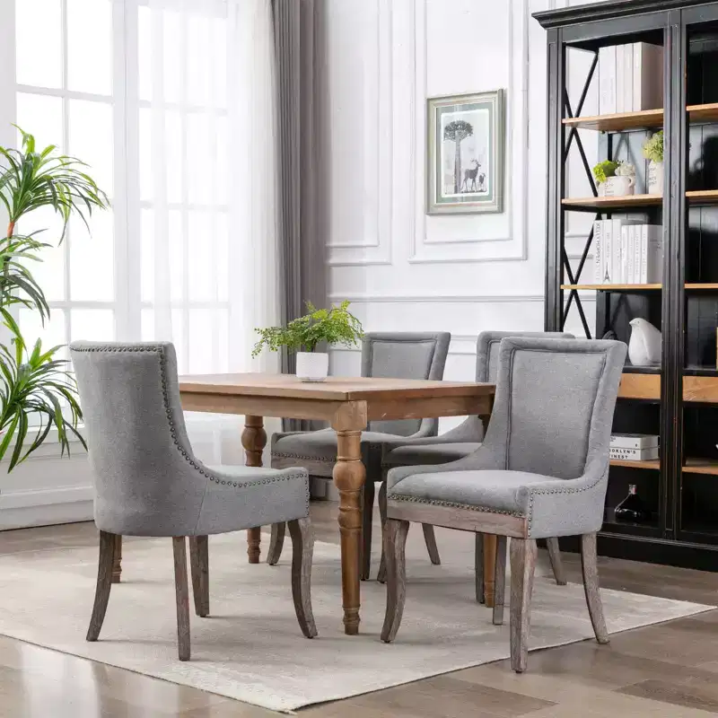 Okak Retro Dining Chairs Set of 2, Comfy Fabric Chairs with Thick Cushions, Kitchen Side Chairs with Solid Wood Legs Bronze Nail Head