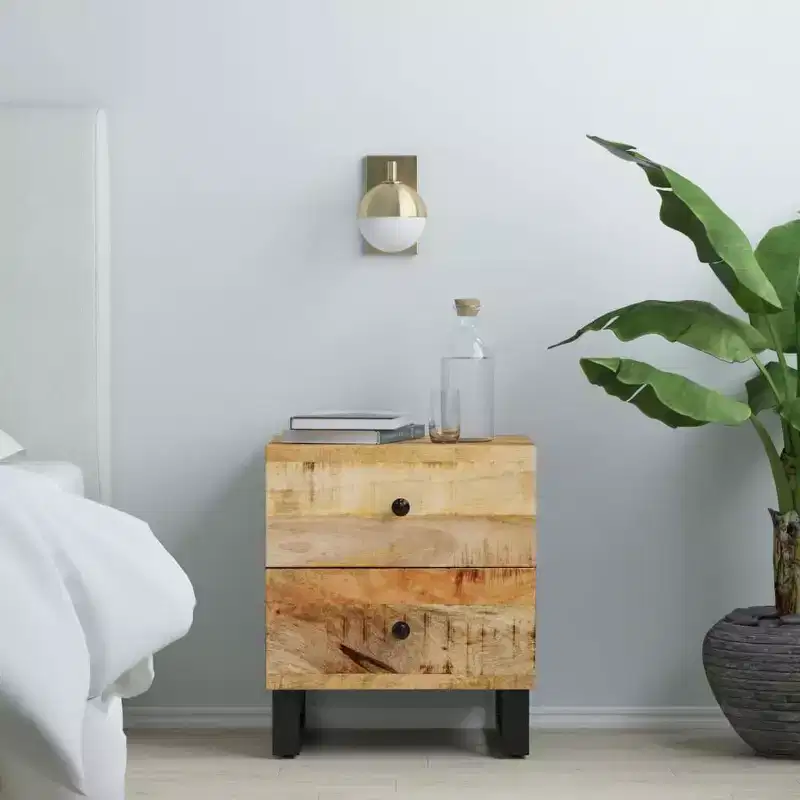 Industrial Solid Mango Wood Bedside Cabinet with 2 Drawers – Black