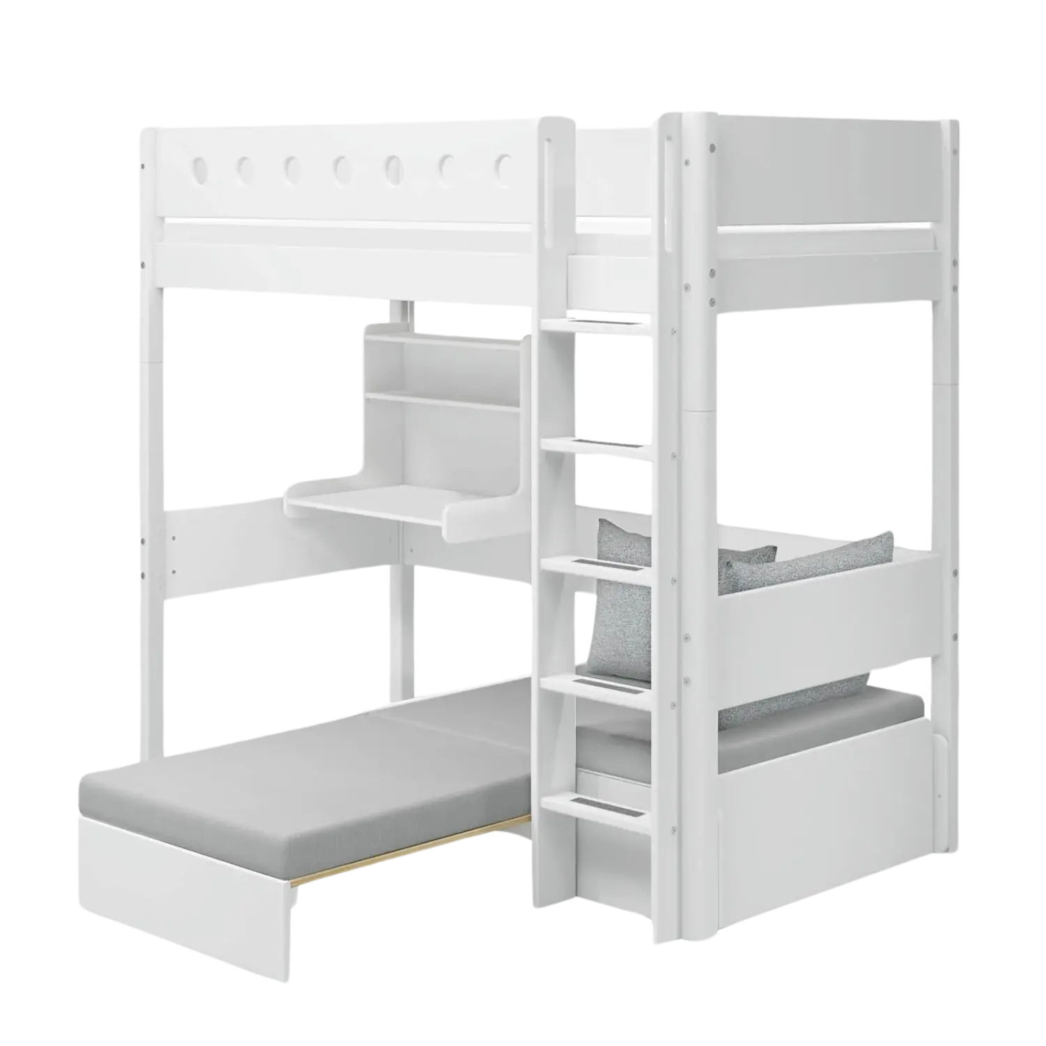 High Bed 184 cm with Desk, Sofa, Ladder and Safety Rail, 90x200 cm, White