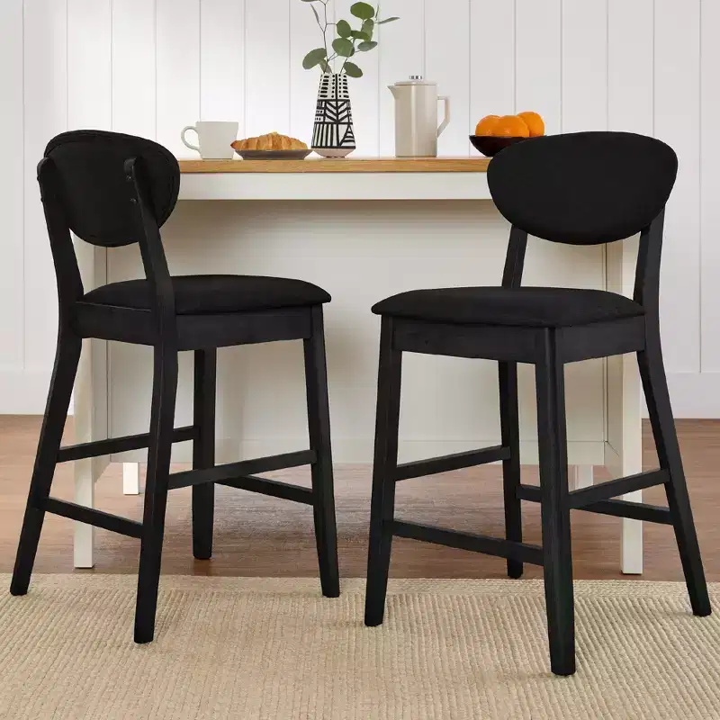 2-Piece Mid-Century Modern Wood and Upholstered Counter Height Bar Stool Set
