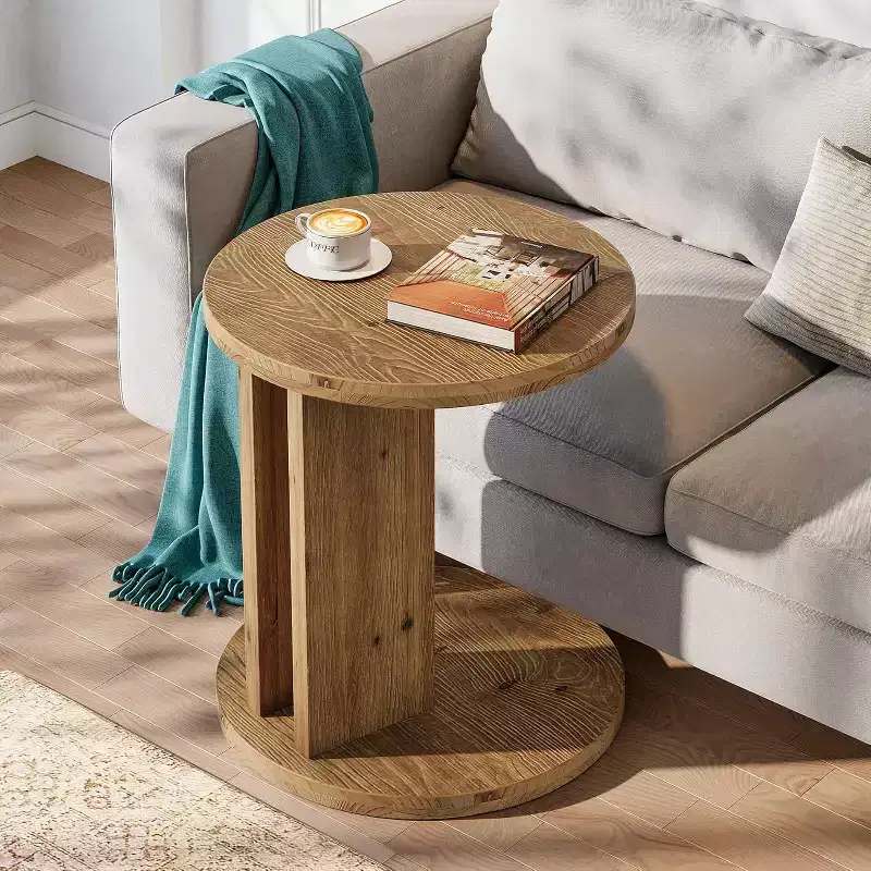 C-Shaped Solid Wood Round End Table, Accent Side Table for Sofa and Bedside, Living Room, Bedroom, Brown, Easy Assembly