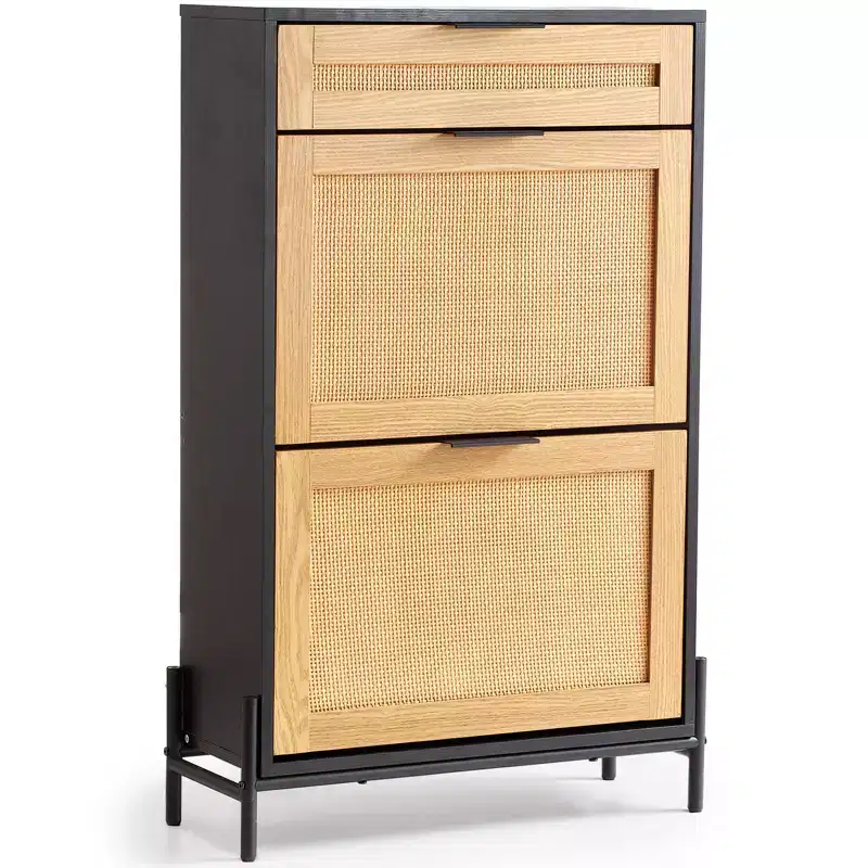 VEVOR Rattan Shoe Cabinet, with 2 Flip Rattan Drawers & 1 Slide Drawer, Metal Legs, Slim Shoe Entryway Cabinet for Entryway, Closet, Hallway, Black