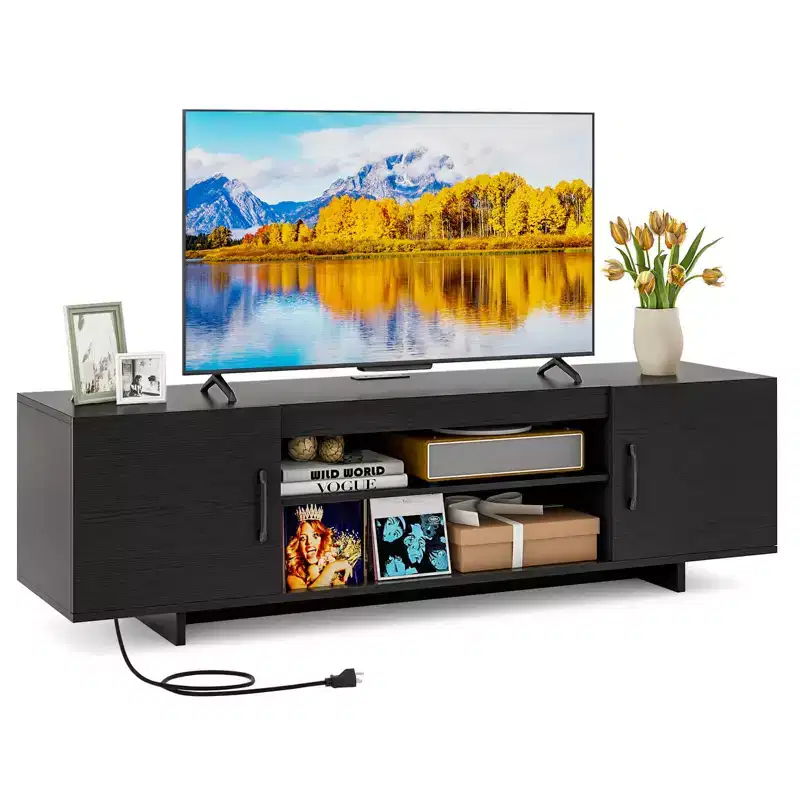 Costway TV Stand for 70 TVs Modern Entertain Center with Power Outlet & 2 Cable Holes Brown/Black