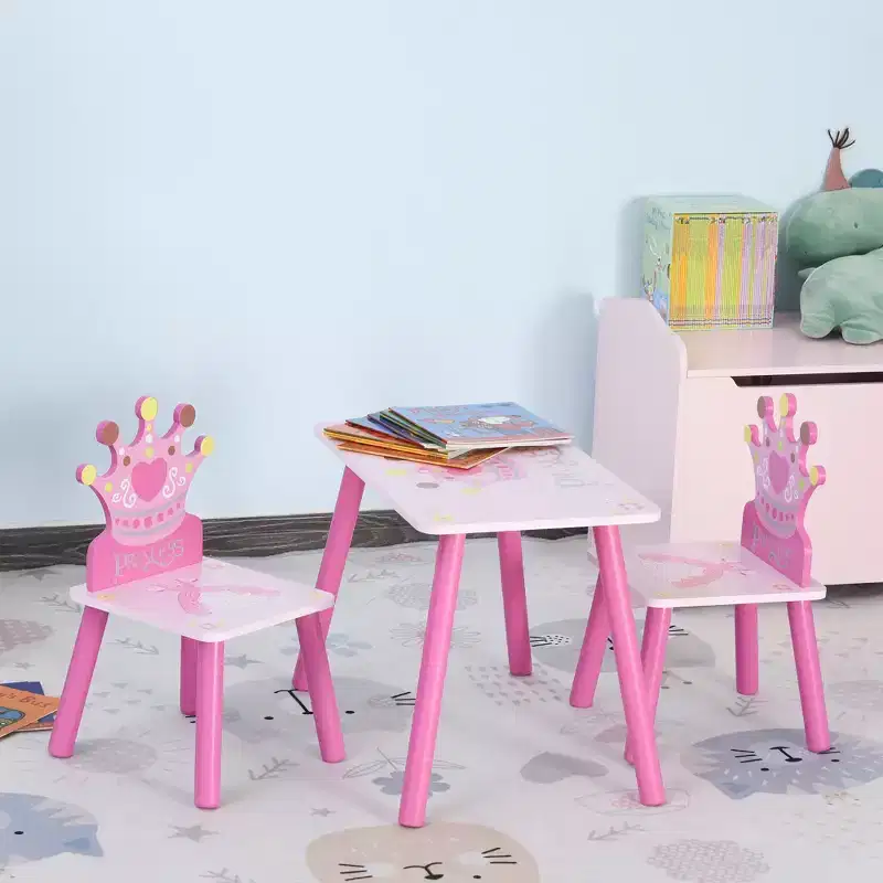 Qaba 3-Piece Kids Wooden Table and Chair Set with Crown Pattern Toddlers Arts Reading Writing Age 2-4 Years Pink