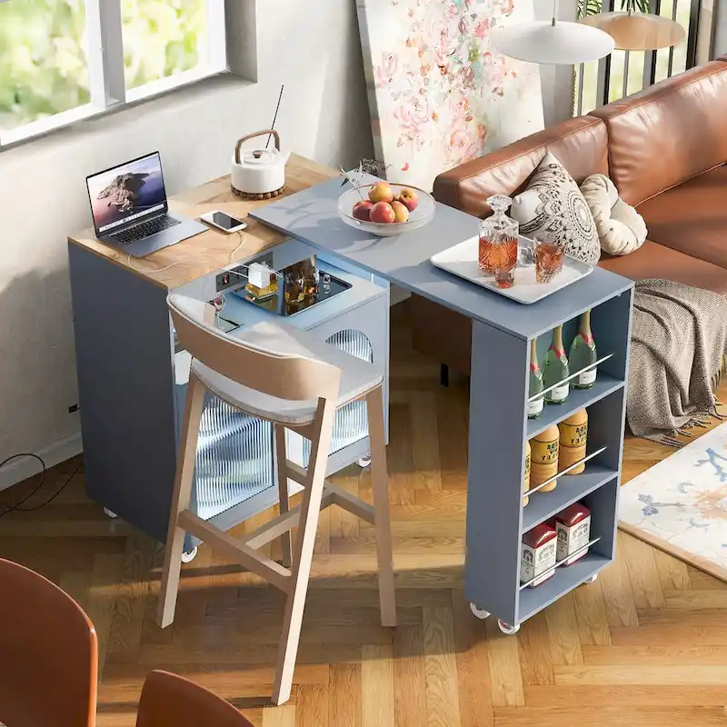33 in. W Kitchen Island Rubberwood Top on 8 Wheels With Extended Table, LED Lights, Power Outlets