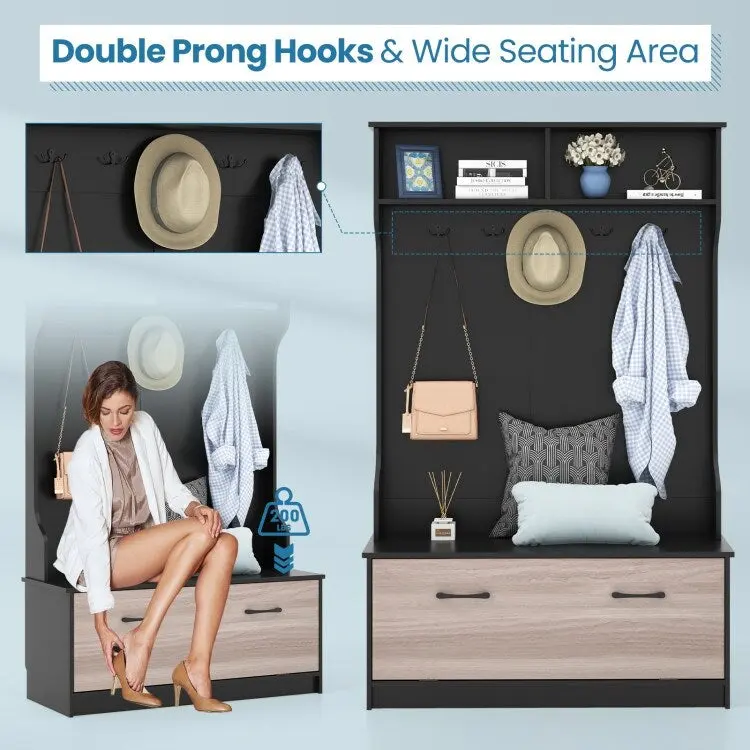 3 in 1 Coat Rack with Entryway Bench and Hooks and Enclosed Cabinet - 39.5 x 16 x 63
