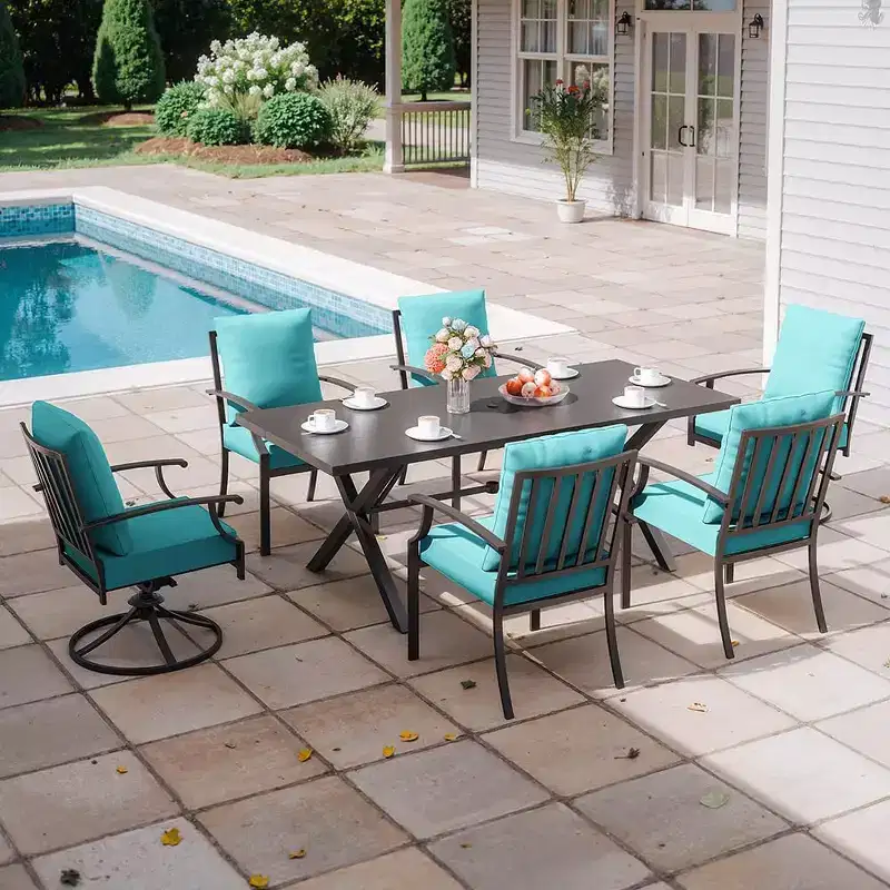 ALAULM 7PCS Patio Dining Set Outdoor Furniture w/2 Swivel Chairs&4 Fixed Chairs, Metal Patio Furniture Set 6 Chairs&Large Table w/Umbrella hole