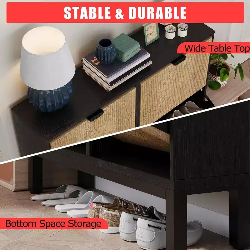 Wooden Fluted Shoe Storage Cabinet with 4 Flip Drawers, Narrow with Metal Legs, Modern Farmhouse Hidden Shoe Rack for Entryway, Hallway