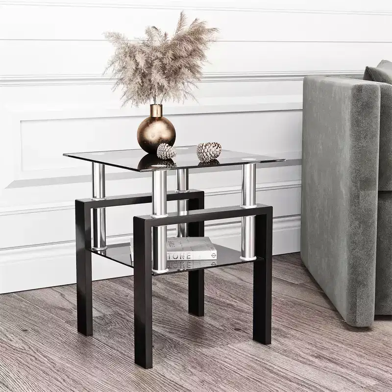 Square Glass Coffee Table with Storage Shelf
