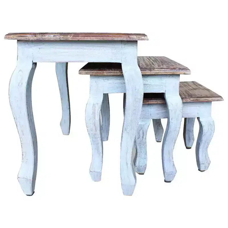 vidaXL Nesting Table Brown, White Solid Mahogany Wood Small, Medium, Large