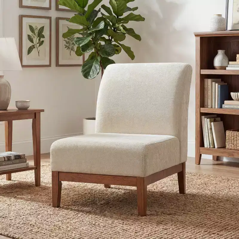 Modern Rubberwood Upholstered Accent Chair with Curved Backrest