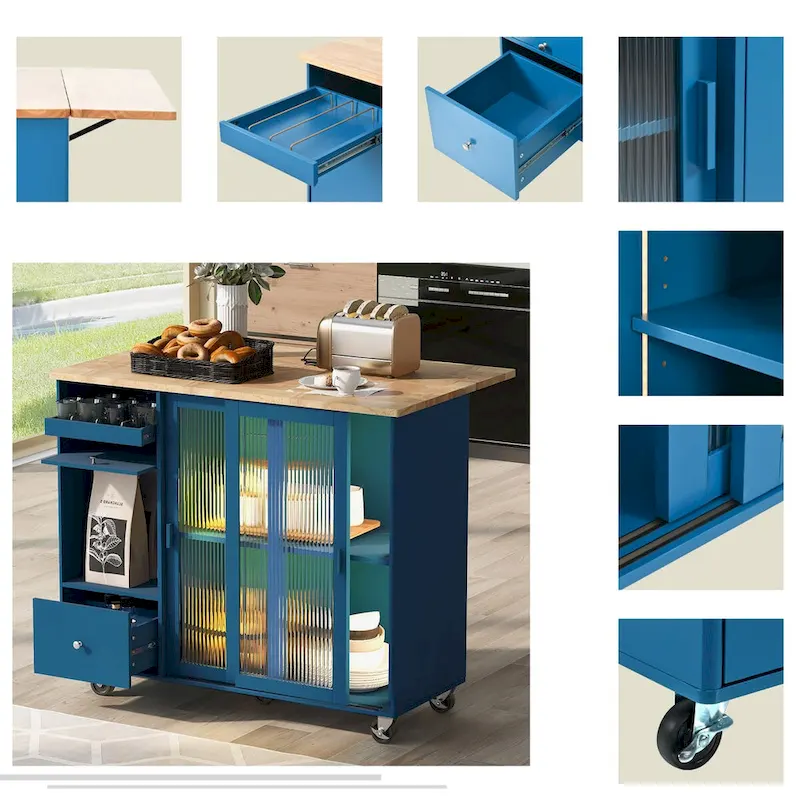44 in. W Kitchen Island Rubber Wood Drop-Leaf Countertop on 5 Wheels with an Adjustable Shelf and 2 Drawers - 44