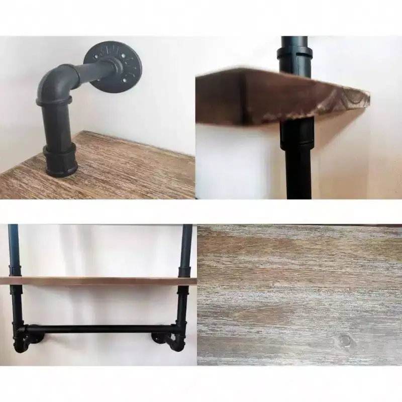 Industrial Pipe Shelf 2 Tiered Metal Towel Racks Bathroom 20 Inch Rustic Wood Wall Mount Shelf with Bar Iron Towel Holder