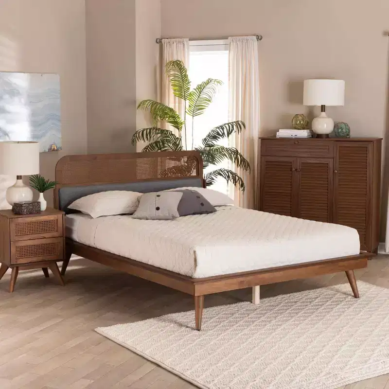 Baxton Studio Irina Fabric and Wood Platform Bed Gray/Ash Walnut: Upholstered No Box Spring Needed