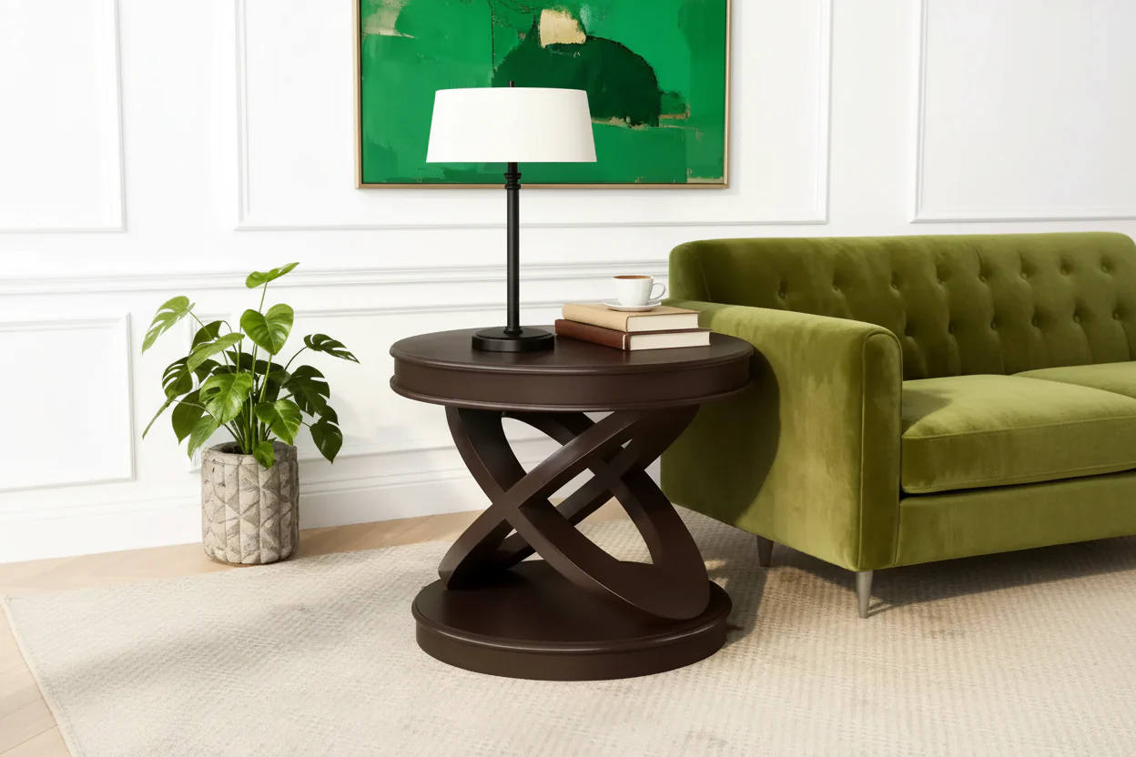 Retro Round End Table with X-Shape Base - Wood Veneer, 22