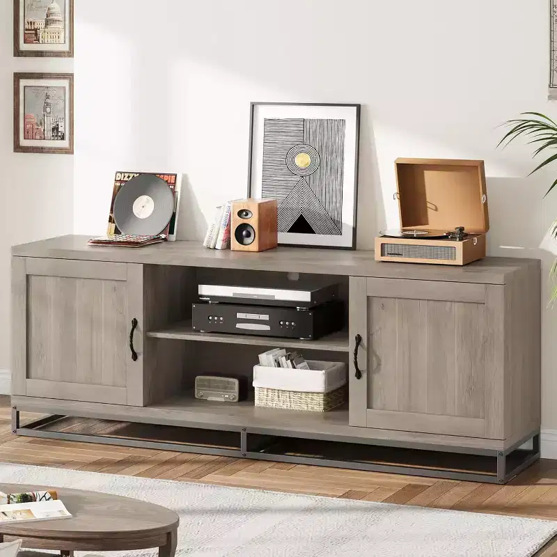Farmhouse Industrial TV Stand with Gray Wood Finish, Media Console Table with Open Shelves & Storage Cabinets, Entertainment Center