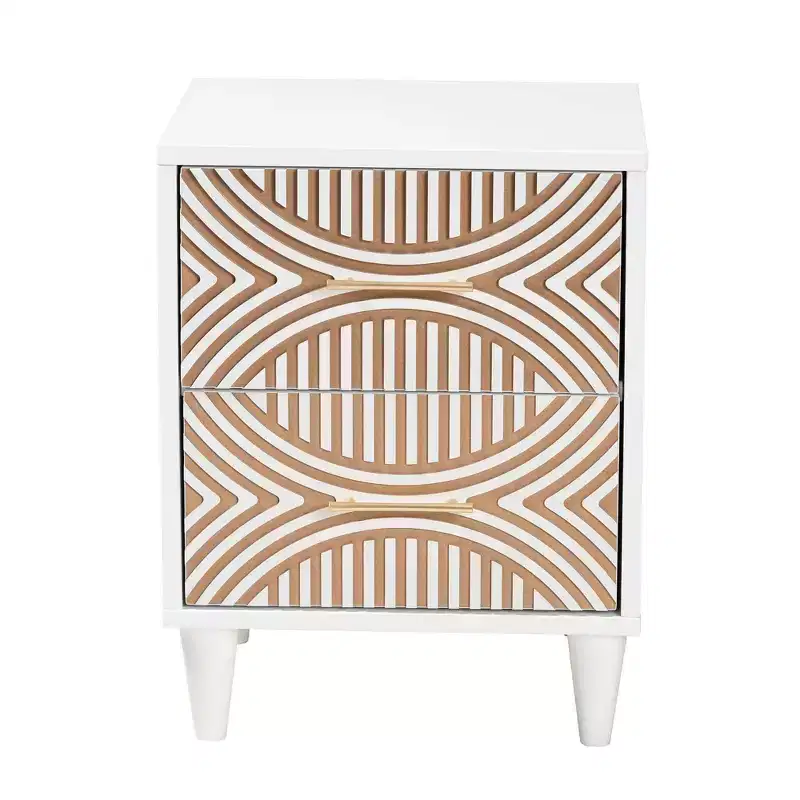 Coastal Carved Wood 2 Drawer Nightstand, White/Natural Brown