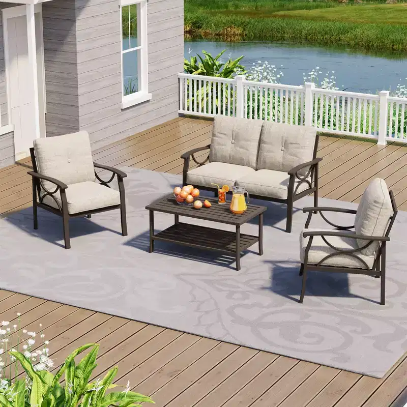 Heynemo Outdoor Patio Furniture Set, 4 Piece Patio Conversation Set with Coffee Table, Metal Furniture Set for Porch Backyard Garden, Coffee