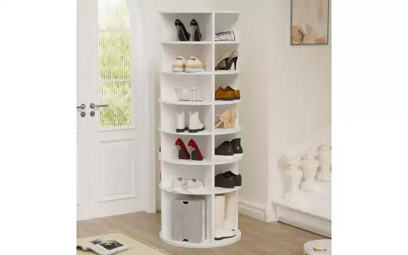 Zevemomo 7-Tier Rotating Shoe Rack Tower, 360 Spinning Shoe Carousel Organizer, for Entryway, Closet, Living Room, Bedroom C Holds 28 Pairs, White