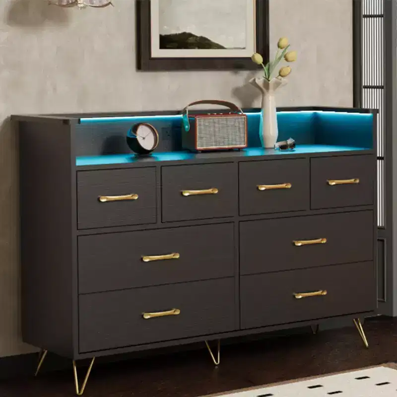 8-Drawer Dresser with Power Outlet, LED Lights & Gold Handles, Modern Wood Chest, White