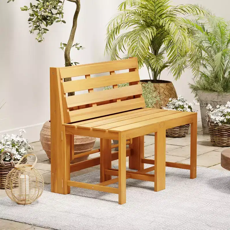 Costway 3-in-1 Outdoor Acacia Wood Loveseat Bench Furnitur w/ Slatted Seat for Garden