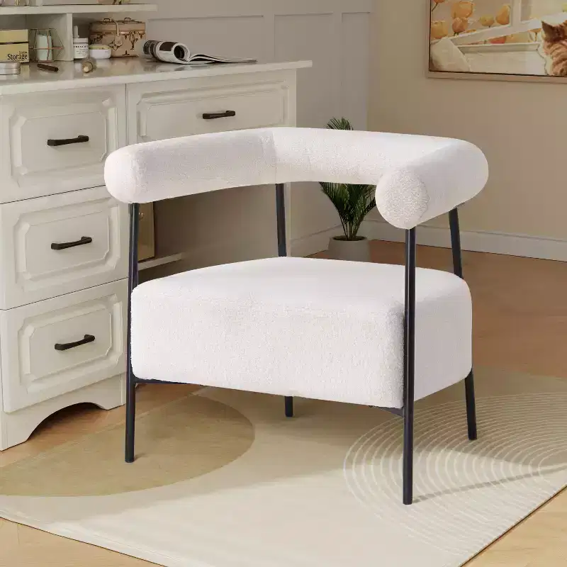 Modern Boucle Upholstered Curved Accent Chair with Metal Frame, White, 300 lbs