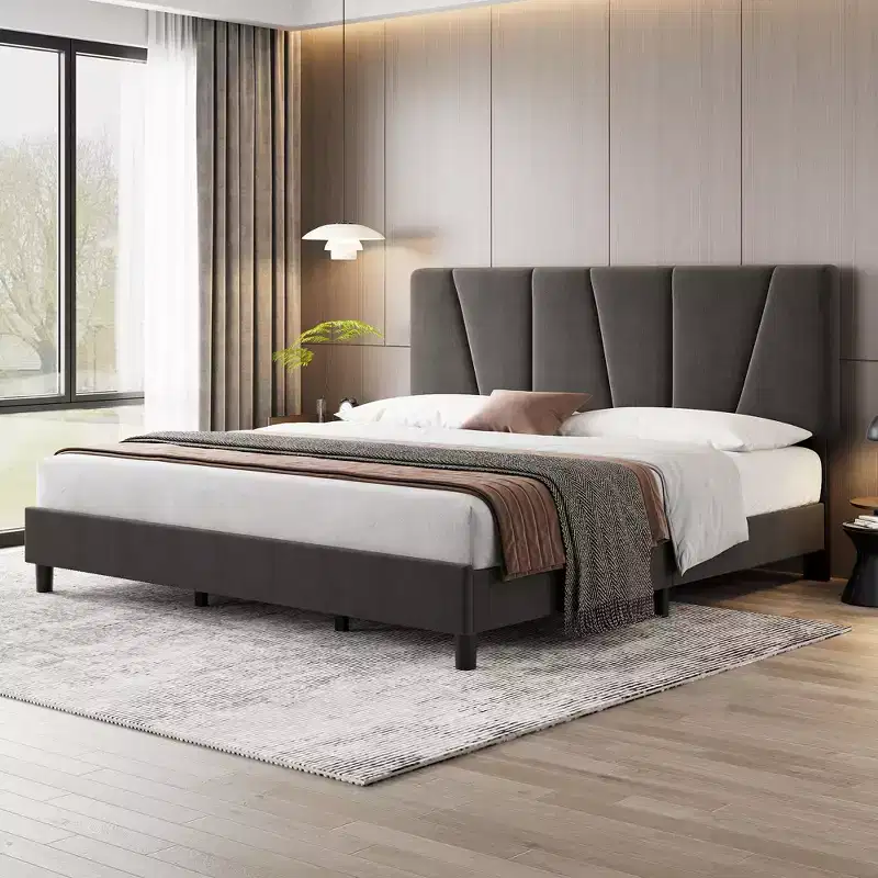 Adjustable King Size Bed Frame with Linen Upholstered Headboard, Sturdy Wooden Slats Platform Bed, No Box Spring Needed, Mattress Foundation Included