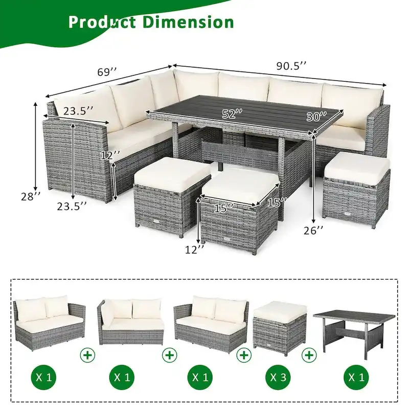 7 Pcs All-Weather Patio Rattan Dining Furniture Sectional Sofa Set with Wicker Ottoman and Cushed Couch