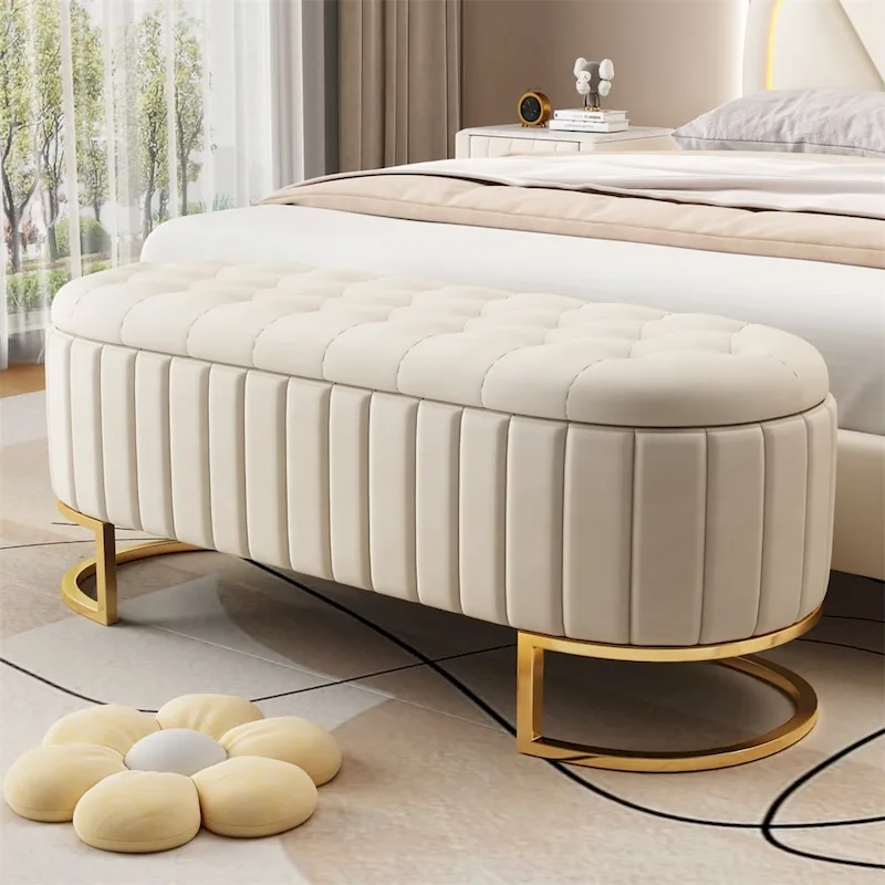 Velvet Storage Ottoman Bench with Button Tufting