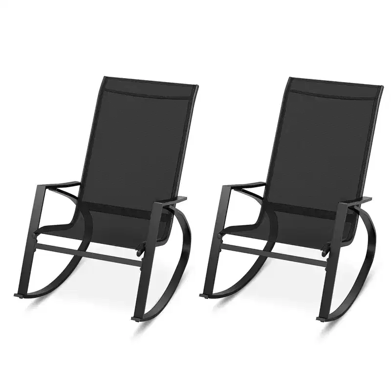 Gymax 2PC Outdoor Rocking Chairs Featuring Ergonomic Backrests and Secure Stoppers Black