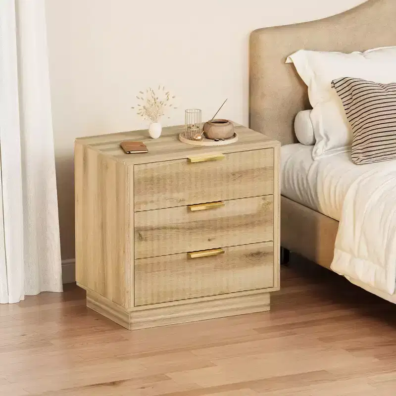 Fluted Wood Nightstand with 3 Large Drawers, Mid-Century Modern Bedside Table, Freestanding Storage End Table for Bedroom & Living Room