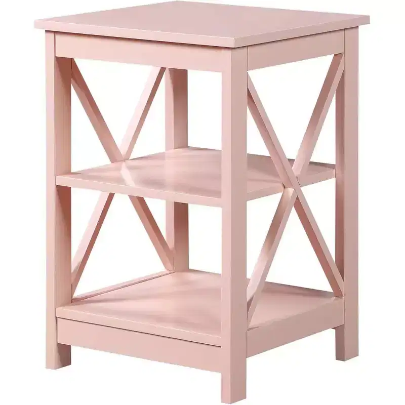 End Table with Spacious Three Open Shelves and Decorative X Frame Panels, Stylish Storage Side Table for Living Room Dcor