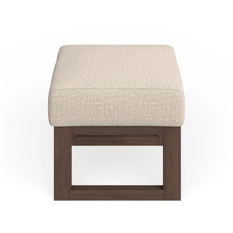 Mid-Century Modern Upholstered Ottoman Stool | Light Beige Fabric | Solid Wood Legs