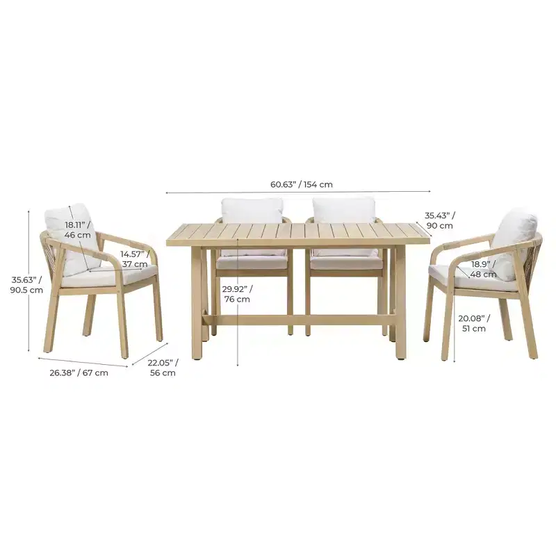 5 Piece Wooden Outdoor Dining Set with Cushions, Natural Eucalyptus Wood- Teamson Home: Seats with Thick Cushions & Spacious Dining Table
