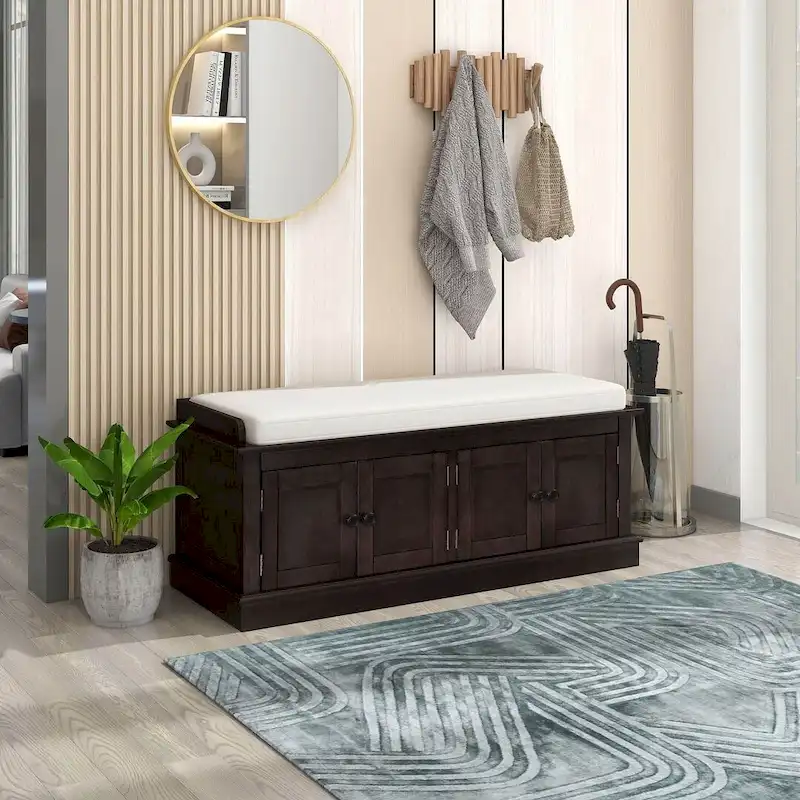 42.70 Modern Versatile Entry Upholstered Storage Bench with 4 Doors, Adjustable Shelves and Shoe Racks