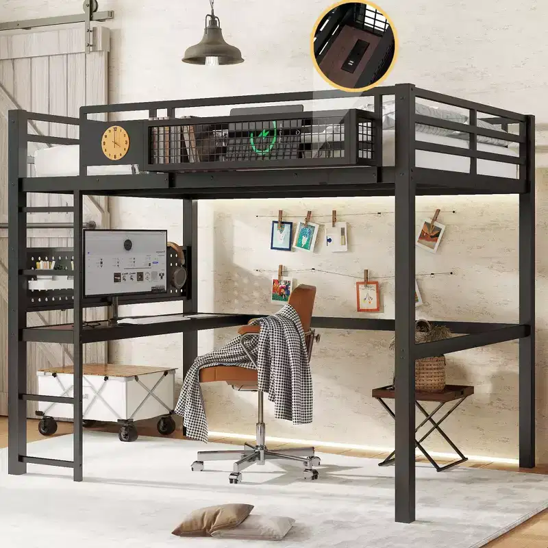 Bellemave Metal Loft Bed with Desk & Pegboard, Built-in Clock & Charging Station, Storage Basket, Space-Saving Modern Frame, Twin XL & Full Sizes